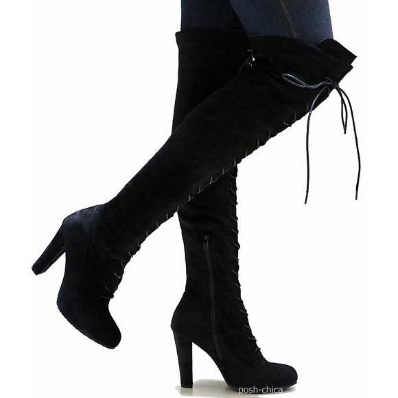 Black Stretchy Lace Up Over Knee Combat Heel Boots - Picture 4 of 6
